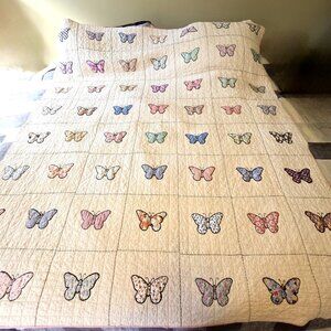 Vintage Handmade Butterfly Applique Quilt Queen Full Hand Stitching Cottage MCM